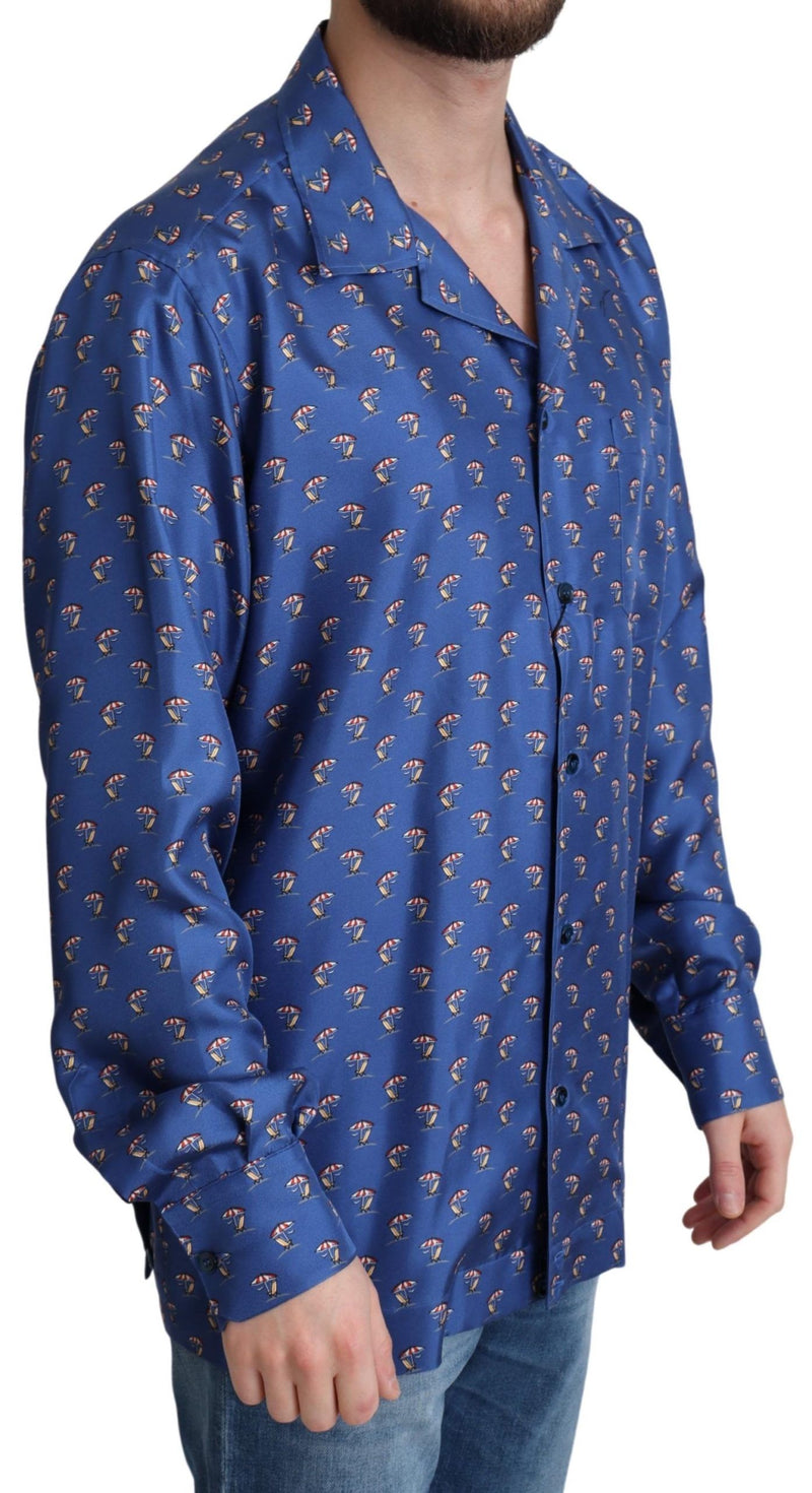 Camicia in seta blu con stampa di sedie a sdraio e ombrelloni Dolce & Gabbana
