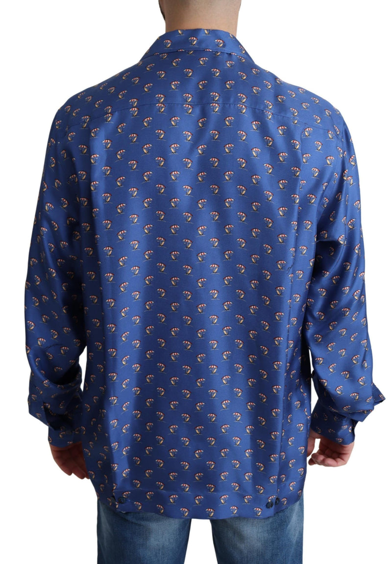 Camicia in seta blu con stampa di sedie a sdraio e ombrelloni Dolce & Gabbana