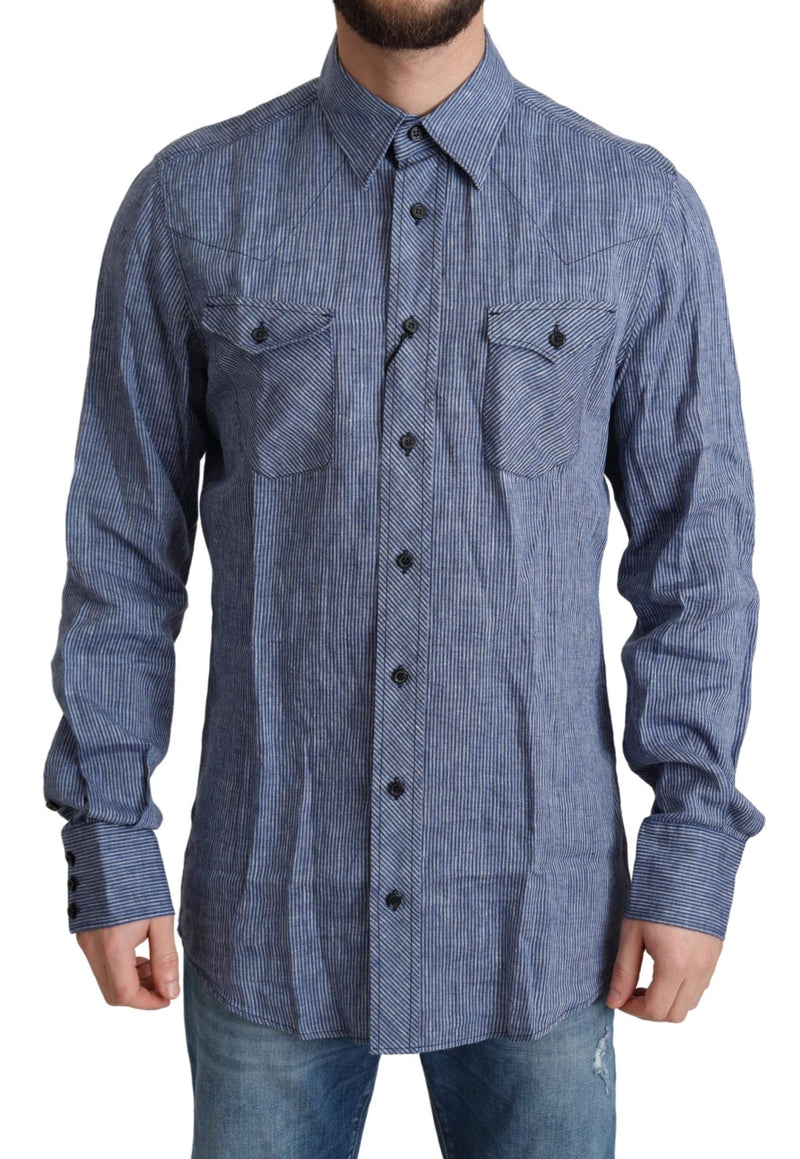 Camicia casual da uomo blu a righe con bottoni Dolce & Gabbana