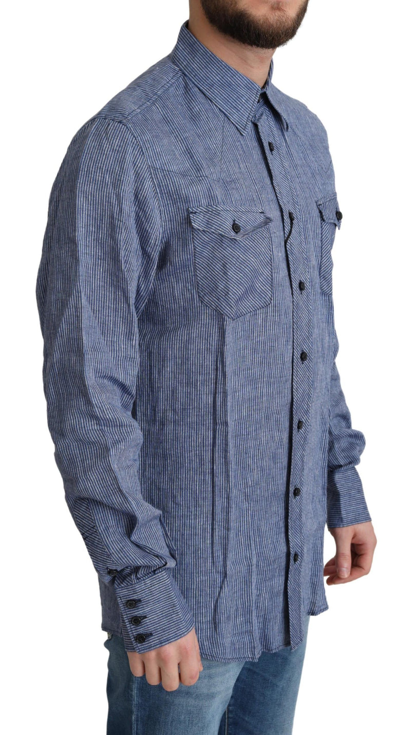 Camicia casual da uomo blu a righe con bottoni Dolce & Gabbana