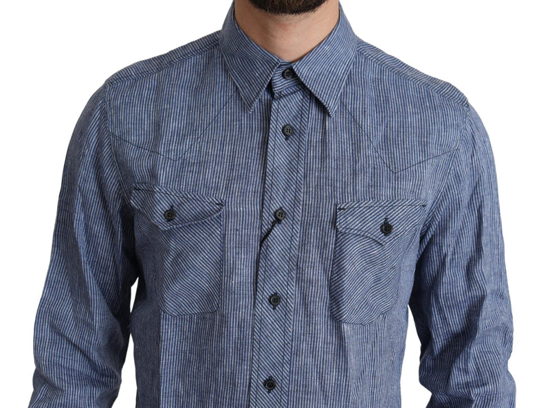 Camicia casual da uomo blu a righe con bottoni Dolce & Gabbana