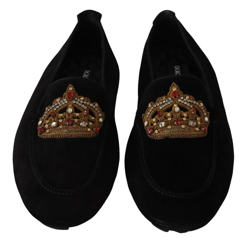 Mocasines de cuero negro con cristales y corona dorada de Dolce & Gabbana