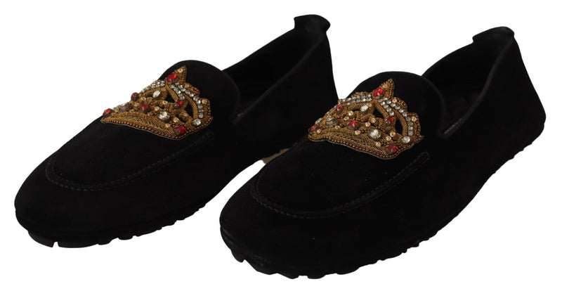 Mocasines de cuero negro con cristales y corona dorada de Dolce & Gabbana