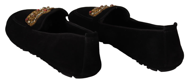 Mocasines de cuero negro con cristales y corona dorada de Dolce & Gabbana