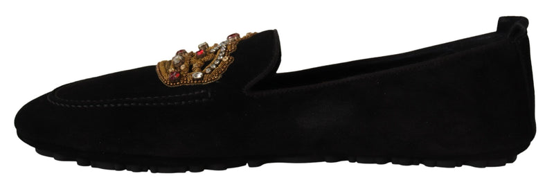 Mocasines de cuero negro con cristales y corona dorada de Dolce & Gabbana