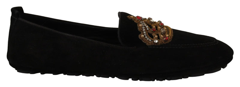 Mocasines de cuero negro con cristales y corona dorada de Dolce & Gabbana