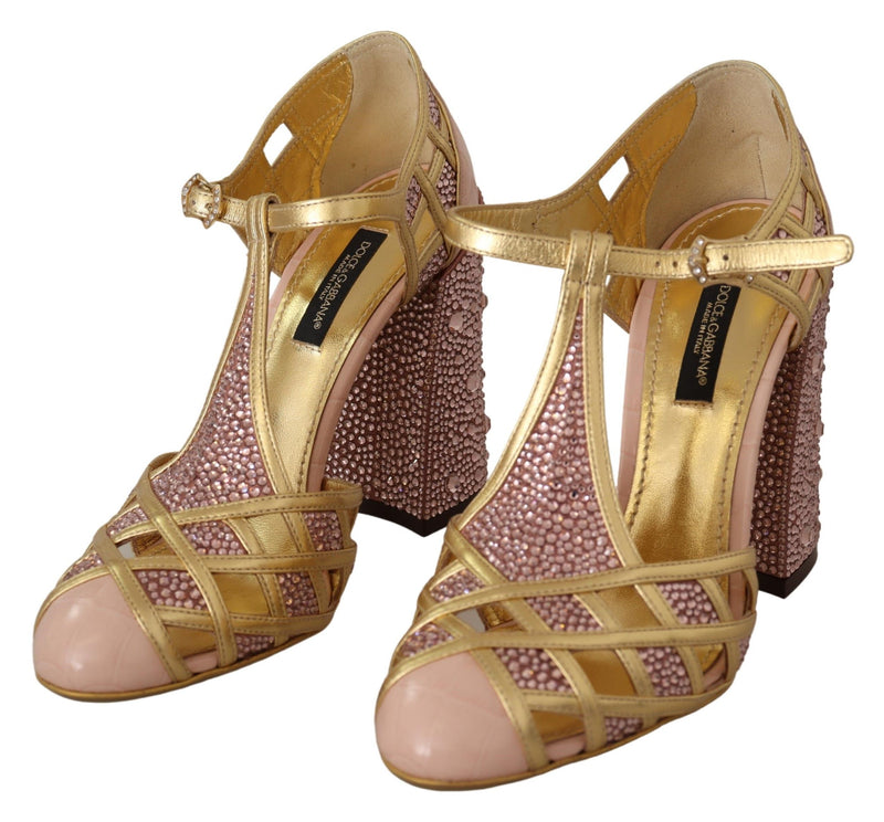 Zapatos de tacón tipo T de cuero rosa dorado con cristales de Dolce & Gabbana