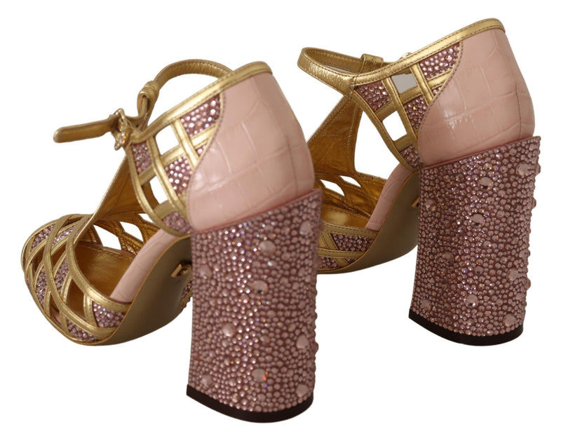 Zapatos de tacón tipo T de cuero rosa dorado con cristales de Dolce & Gabbana