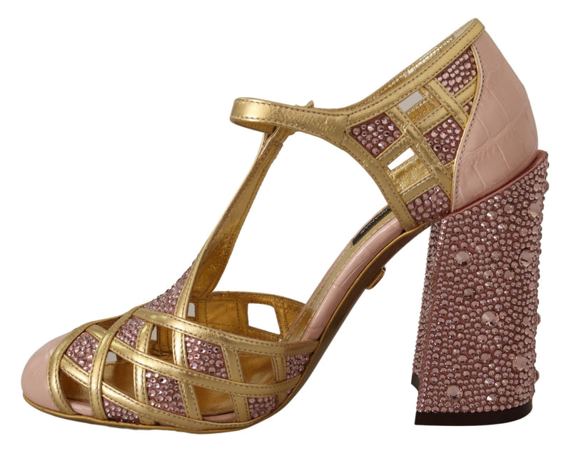 Zapatos de tacón tipo T de cuero rosa dorado con cristales de Dolce & Gabbana