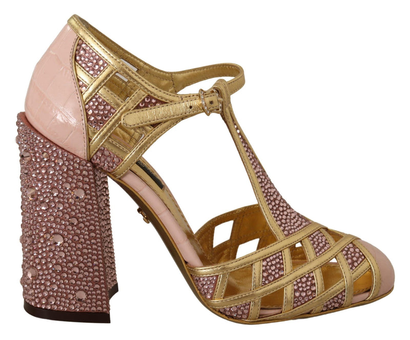 Zapatos de tacón tipo T de cuero rosa dorado con cristales de Dolce & Gabbana