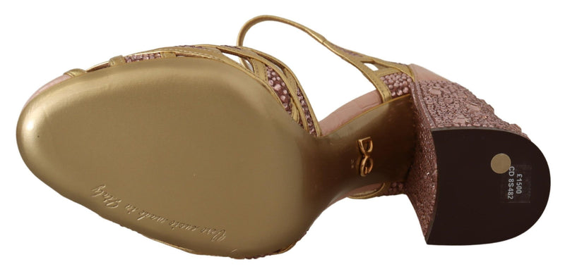 Zapatos de tacón tipo T de cuero rosa dorado con cristales de Dolce & Gabbana