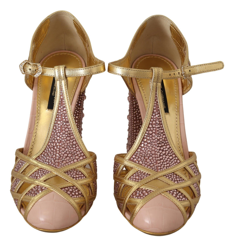 Zapatos de tacón tipo T de cuero rosa dorado con cristales de Dolce & Gabbana