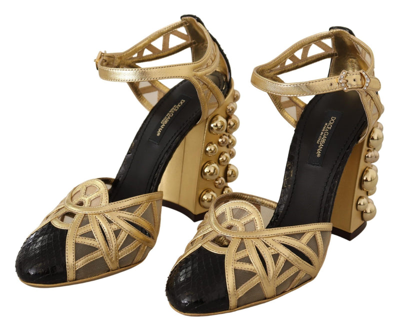 Zapatos de cuero negro y dorado con tachuelas y correas al tobillo de Dolce & Gabbana
