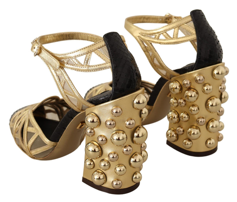 Zapatos de cuero negro y dorado con tachuelas y correas al tobillo de Dolce & Gabbana