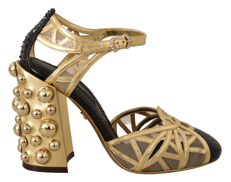 Zapatos de cuero negro y dorado con tachuelas y correas al tobillo de Dolce & Gabbana