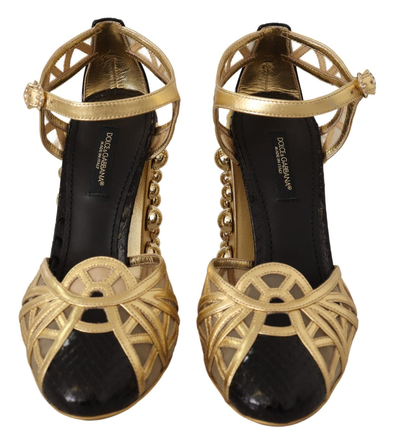 Zapatos de cuero negro y dorado con tachuelas y correas al tobillo de Dolce & Gabbana