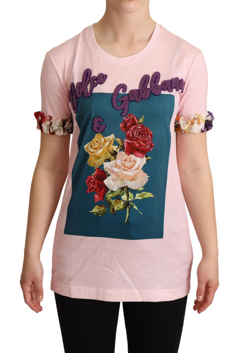 Camiseta rosa de algodão com rosas florais da Dolce & Gabbana