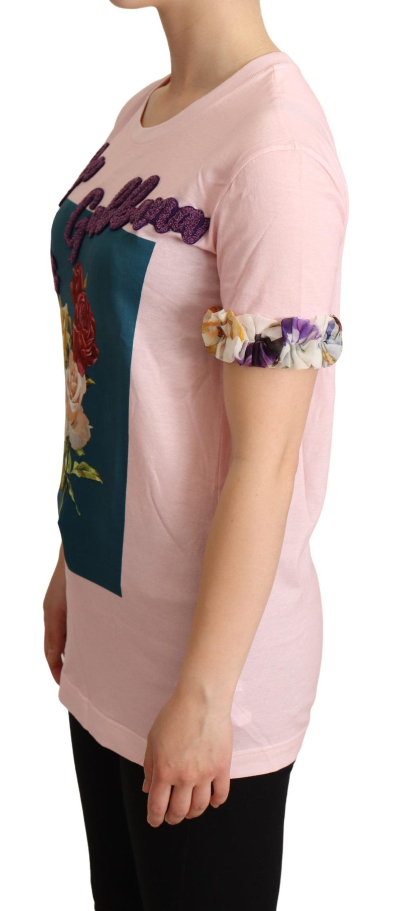 Camiseta rosa de algodão com rosas florais da Dolce & Gabbana