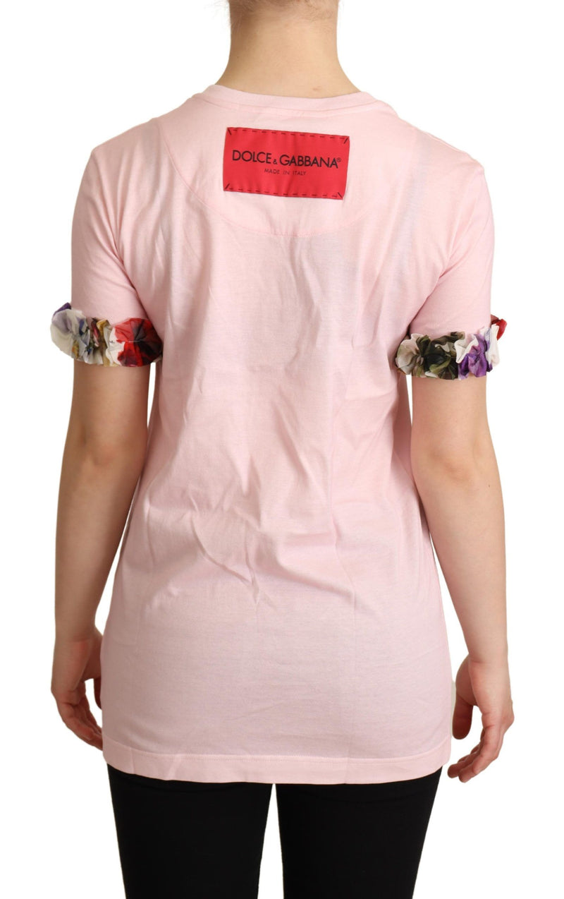 Camiseta rosa de algodão com rosas florais da Dolce & Gabbana