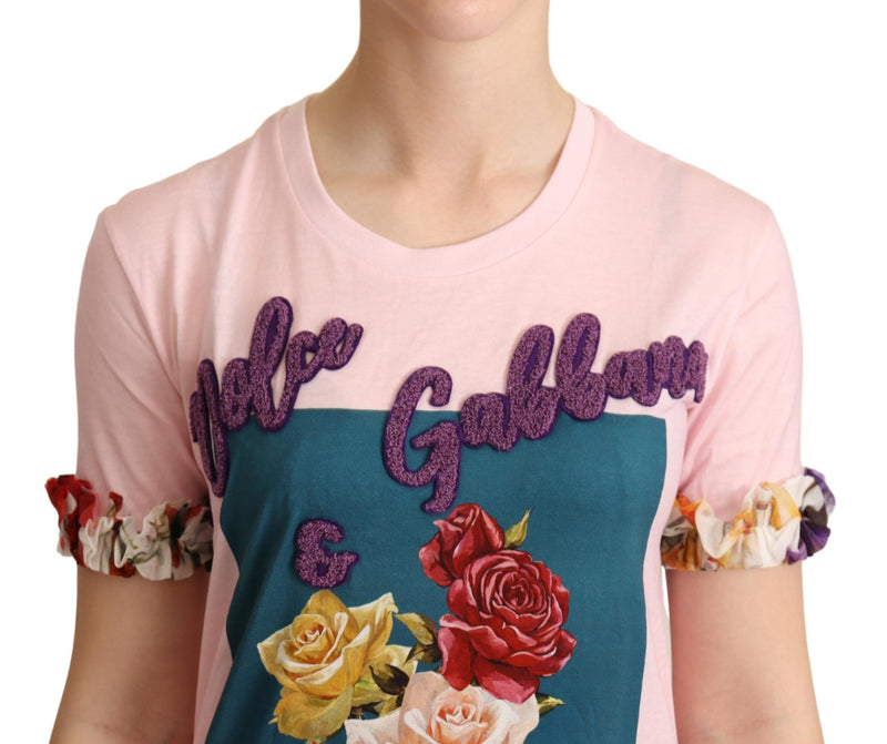 Camiseta rosa de algodão com rosas florais da Dolce & Gabbana