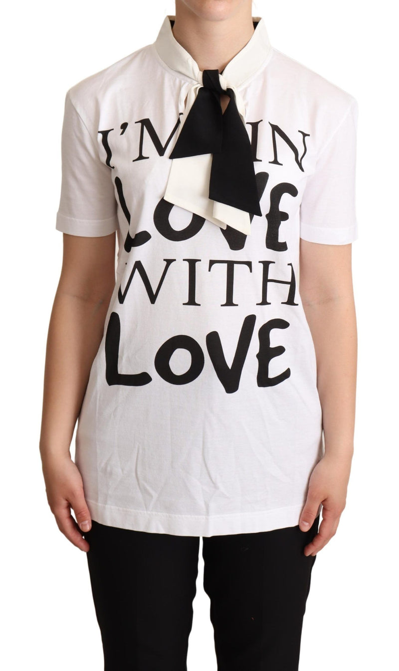 T-shirt bianca in misto cotone e seta con colletto ascot Dolce & Gabbana