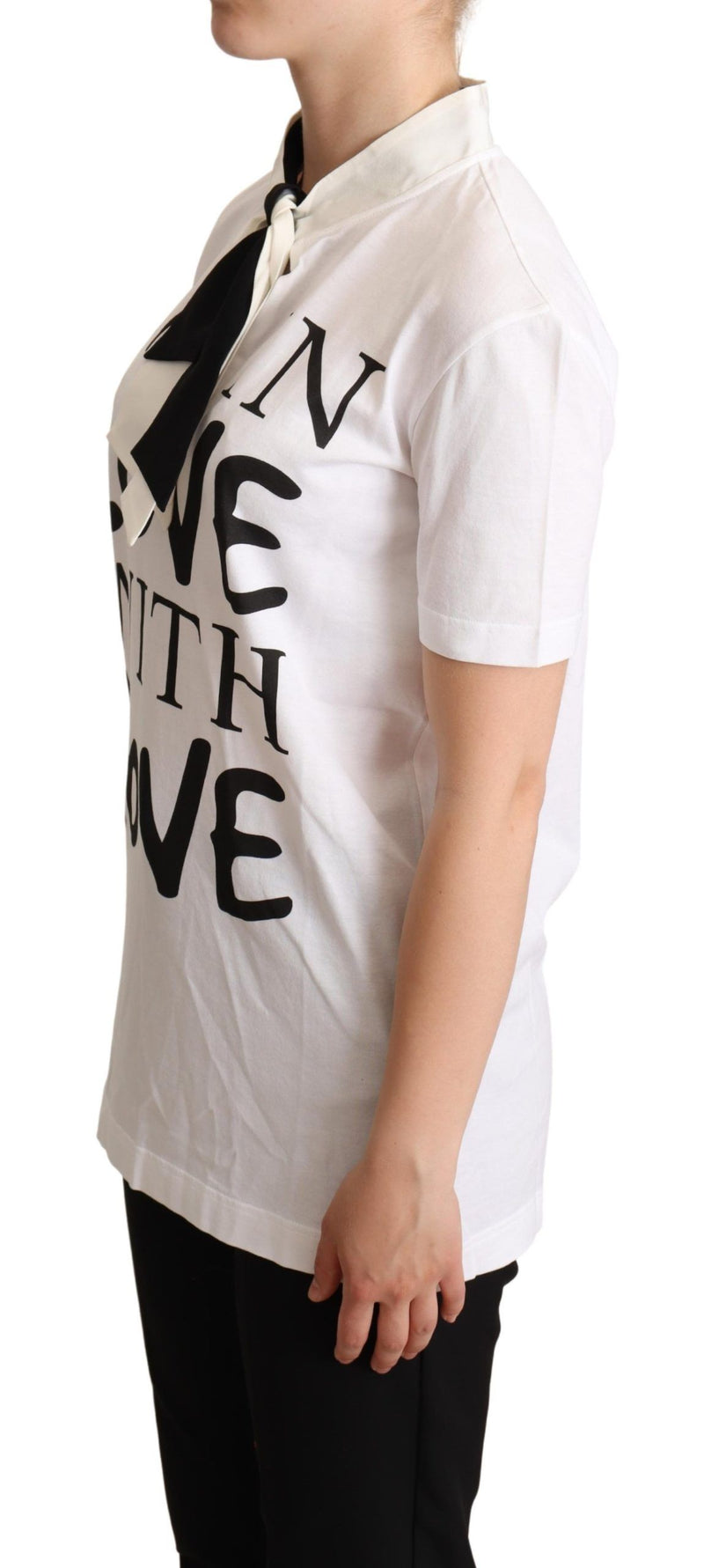 T-shirt bianca in misto cotone e seta con colletto ascot Dolce & Gabbana