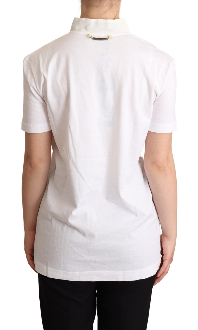 T-shirt bianca in misto cotone e seta con colletto ascot Dolce & Gabbana