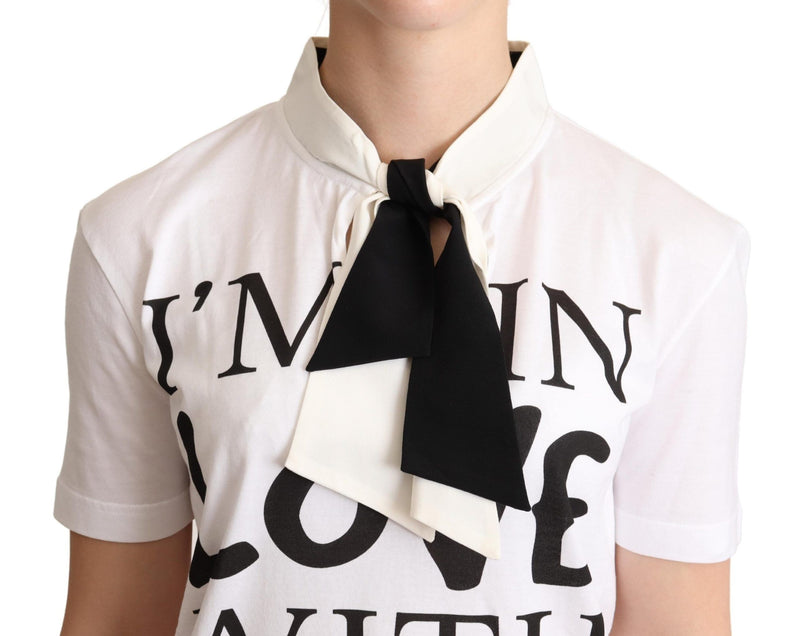 T-shirt bianca in misto cotone e seta con colletto ascot Dolce & Gabbana
