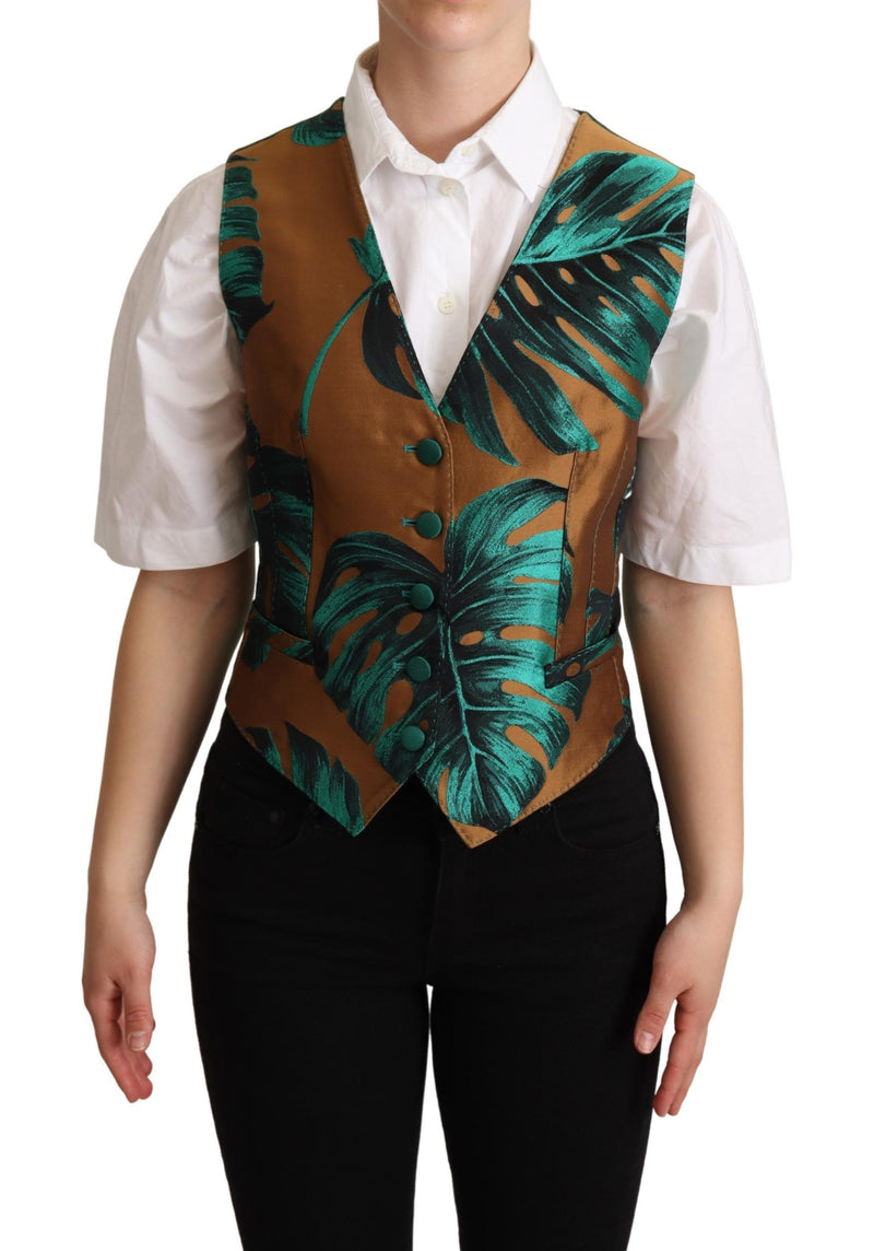 Gilet en jacquard vert à motif feuillage doré Dolce & Gabbana