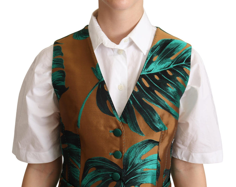 Gilet en jacquard vert à motif feuillage doré Dolce & Gabbana