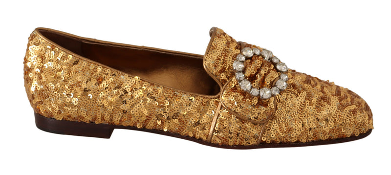 Mocassins plats pour femme dorés à sequins et cristaux Dolce & Gabbana