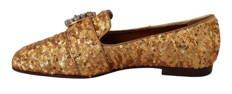 Mocassins plats pour femme dorés à sequins et cristaux Dolce & Gabbana