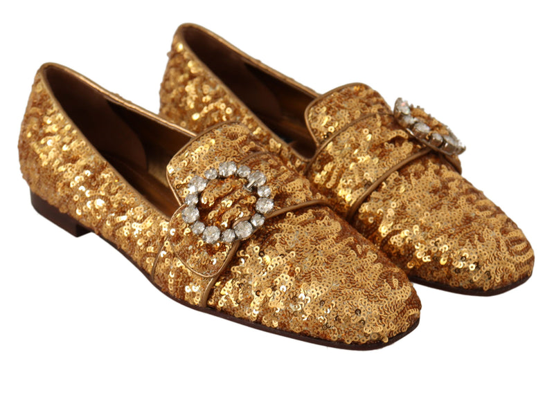 Mocassins plats pour femme dorés à sequins et cristaux Dolce & Gabbana