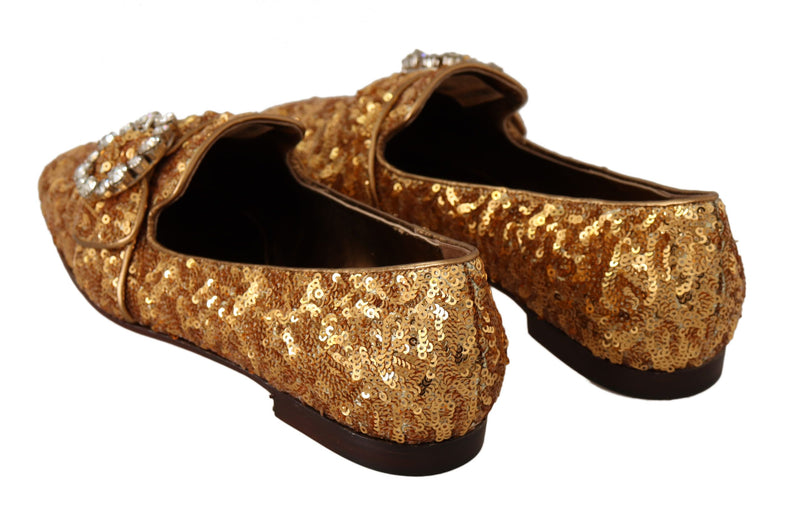 Mocassins plats pour femme dorés à sequins et cristaux Dolce & Gabbana