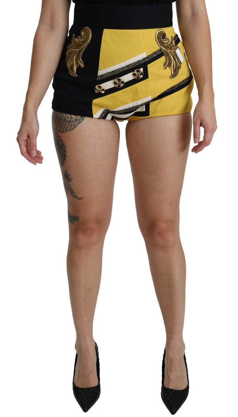 Shorts hot pants de algodão amarelo e preto com aplicações de joias Dolce & Gabbana