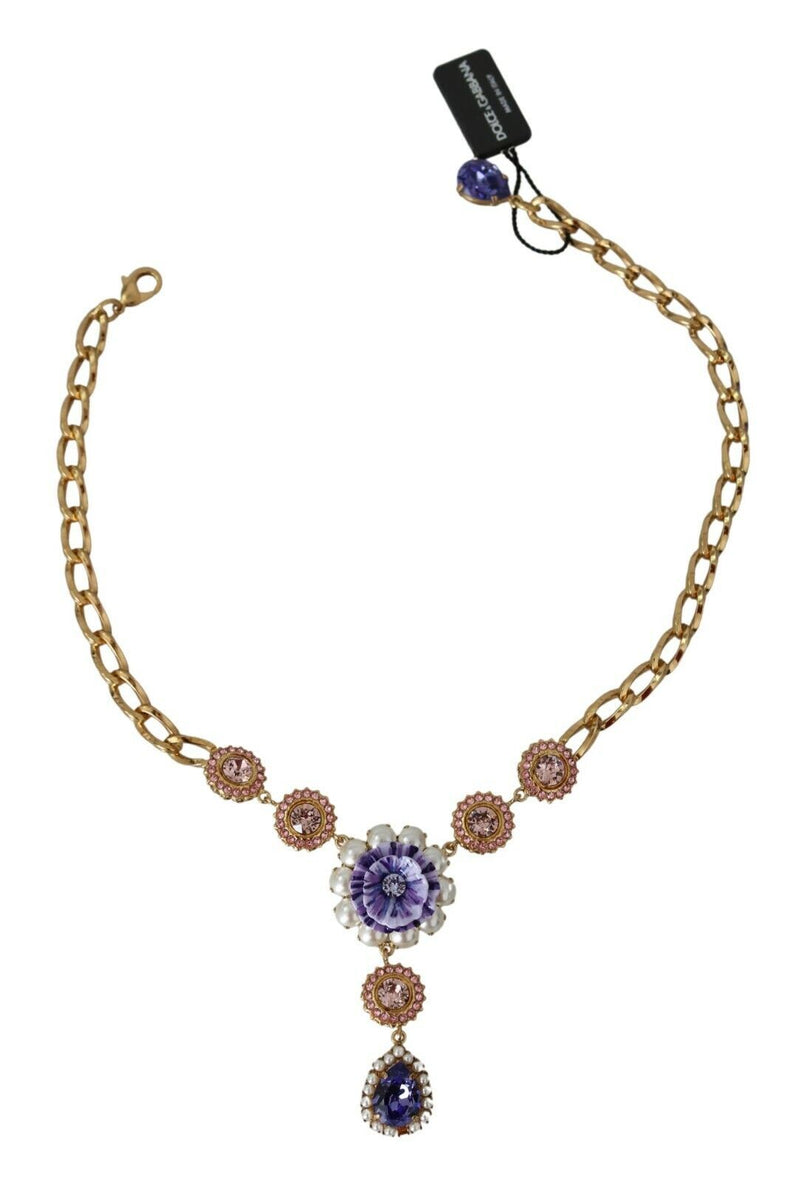 Pendientes colgantes de latón rosa dorado con cristales y perlas moradas de Dolce & Gabbana