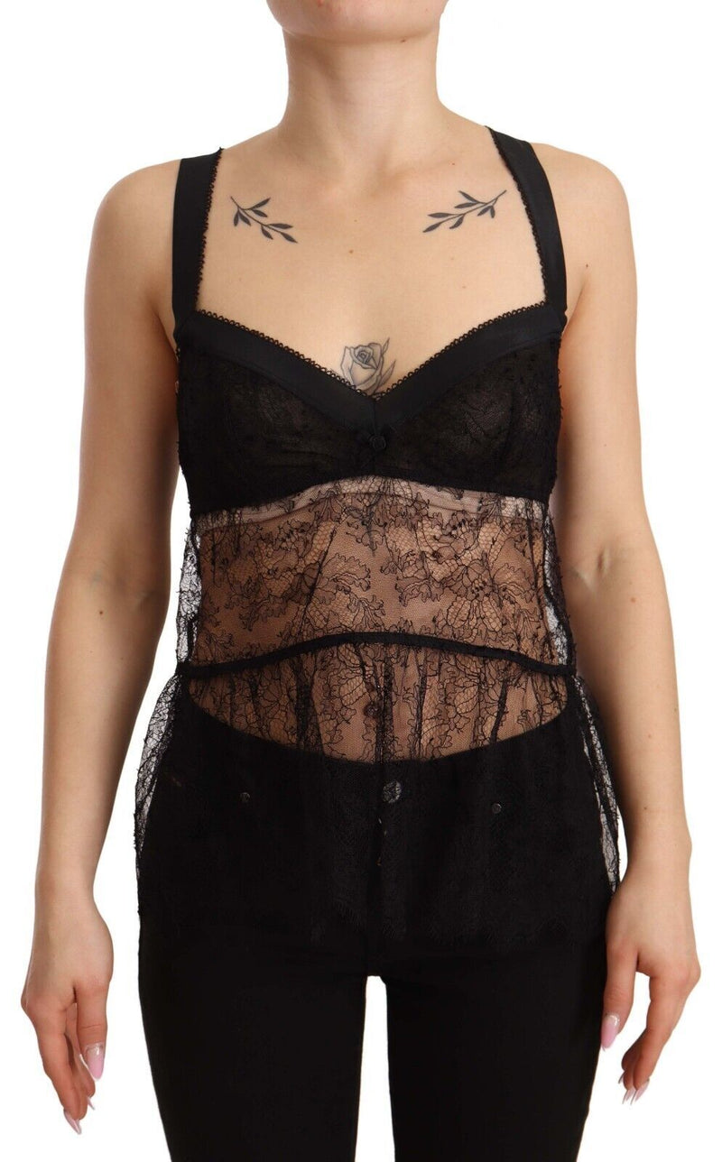 Haut de lingerie babydoll en soie noire et dentelle de nylon Dolce & Gabbana