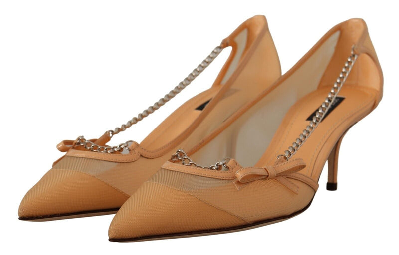 Escarpins à talons en maille couleur pêche, chaînes en cuir Dolce & Gabbana