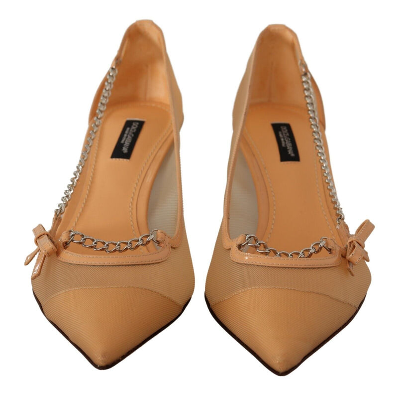 Escarpins à talons en maille couleur pêche, chaînes en cuir Dolce & Gabbana