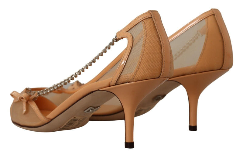 Escarpins à talons en maille couleur pêche, chaînes en cuir Dolce & Gabbana