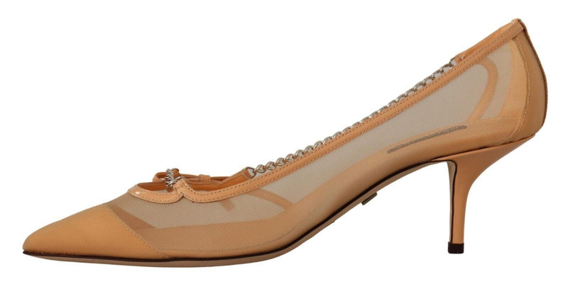 Escarpins à talons en maille couleur pêche, chaînes en cuir Dolce & Gabbana