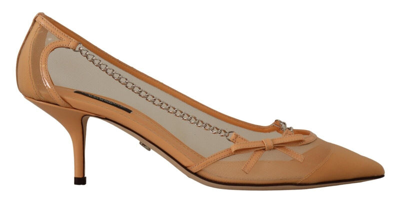 Escarpins à talons en maille couleur pêche, chaînes en cuir Dolce & Gabbana
