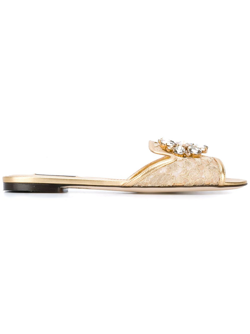 Dolce & Gabbana - Bianca crystal-embellished lace flat sa... | Urbalenti™ NYC