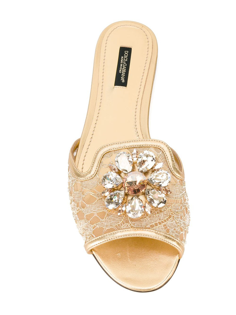Dolce & Gabbana - Bianca crystal-embellished lace flat sa... | Urbalenti™ NYC