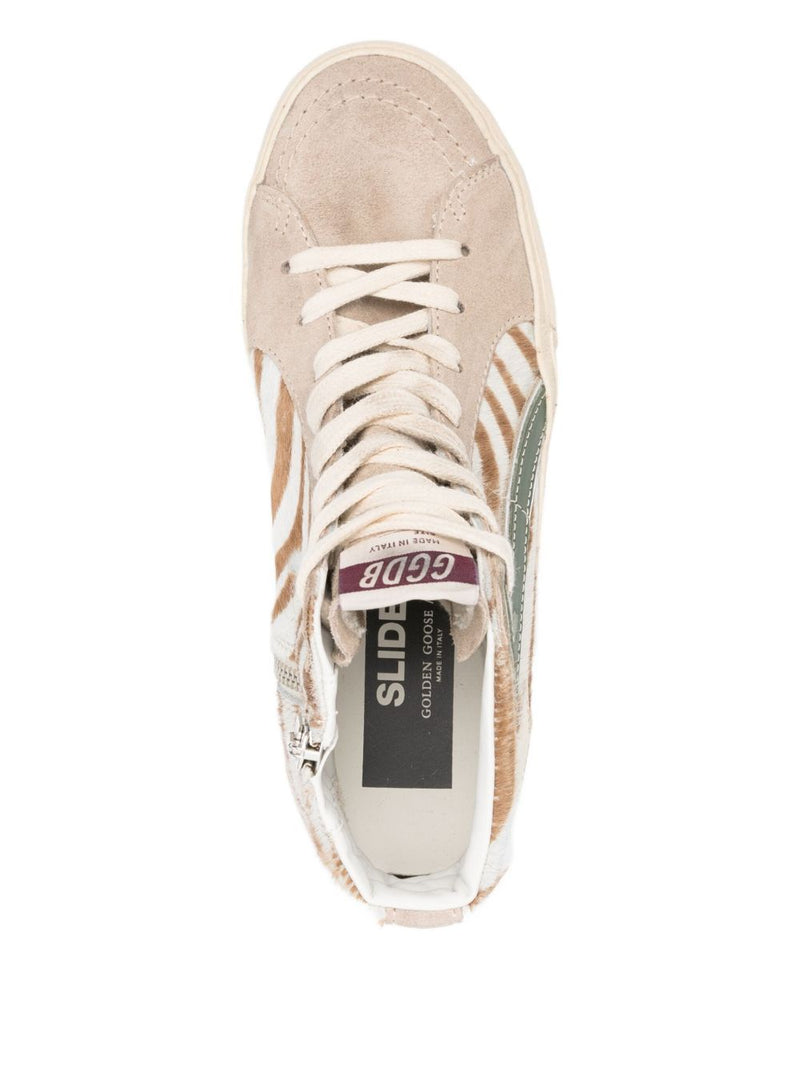 Golden Goose Slide in zebra-print pony skin with laminated leather flash | Urbalenti™ NYC