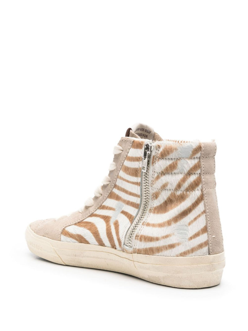 Golden Goose Slide in zebra-print pony skin with laminated leather flash | Urbalenti™ NYC