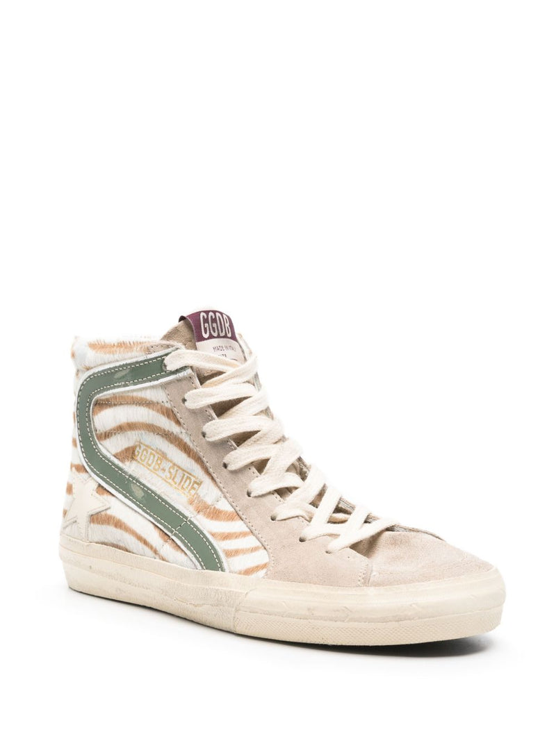 Golden Goose Slide in zebra-print pony skin with laminated leather flash | Urbalenti™ NYC