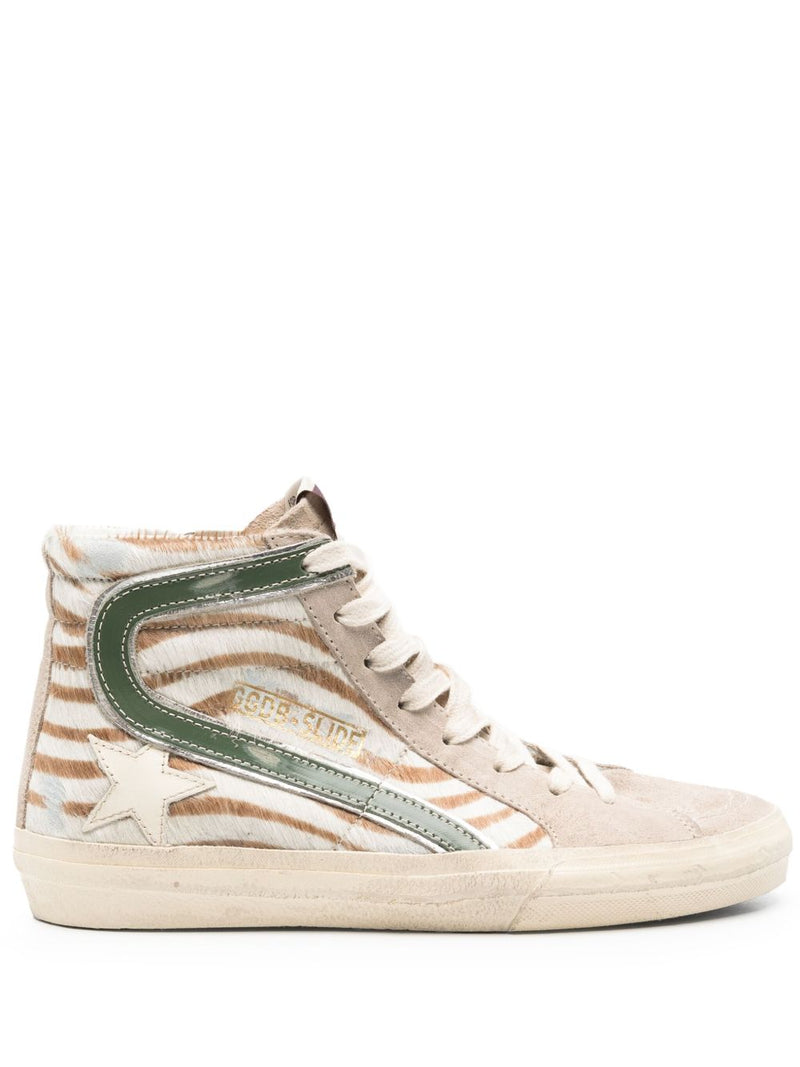 Golden Goose Slide in zebra-print pony skin with laminated leather flash | Urbalenti™ NYC