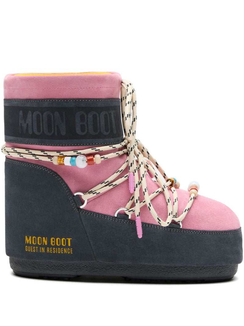 MOON BOOT X GUEST IN RESIDENCE MOON BOOT X GUEST IN RESIDENCE LOW GREY AND PINK SUEDE BEADED ICON BOOT