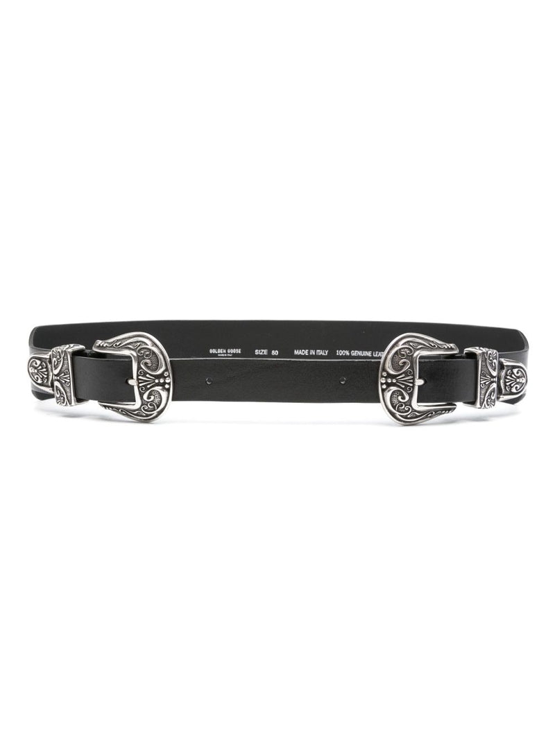 Golden Goose Black Washed Leather Belt With Double Silver Buckle | Urbalenti™ NYC